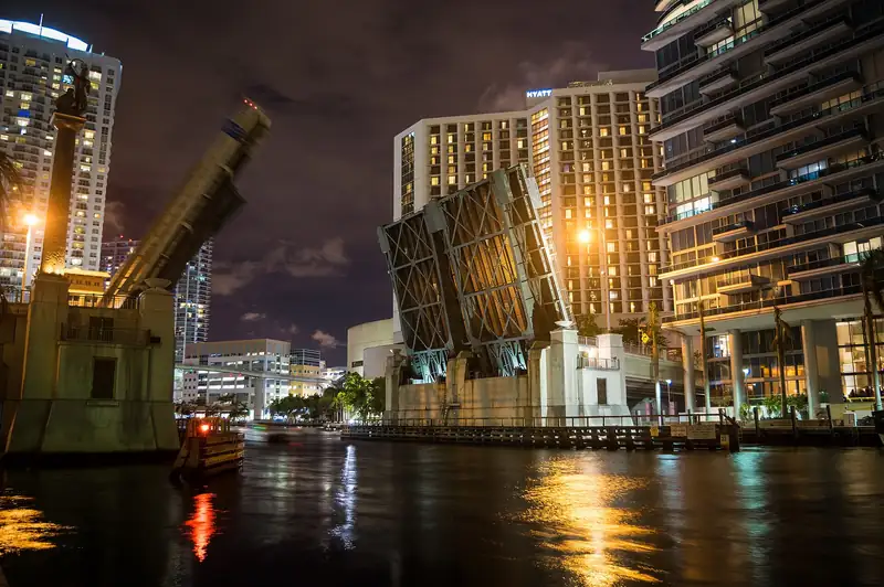 Brickell Avenue Bridge at night with bascule span open (2017)